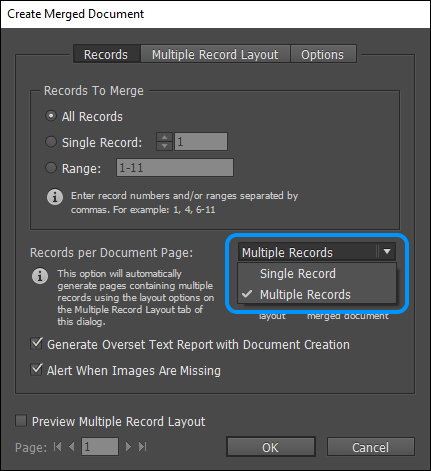 indesign data merge multiple record layout not working