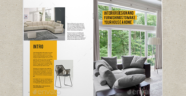 Image of a double page of a furniture catalog template. It looks like a furniture megazine