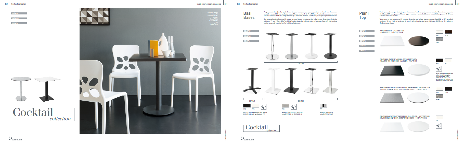 Furniture catalog page from the Cocktail Collection with table bases and tops

