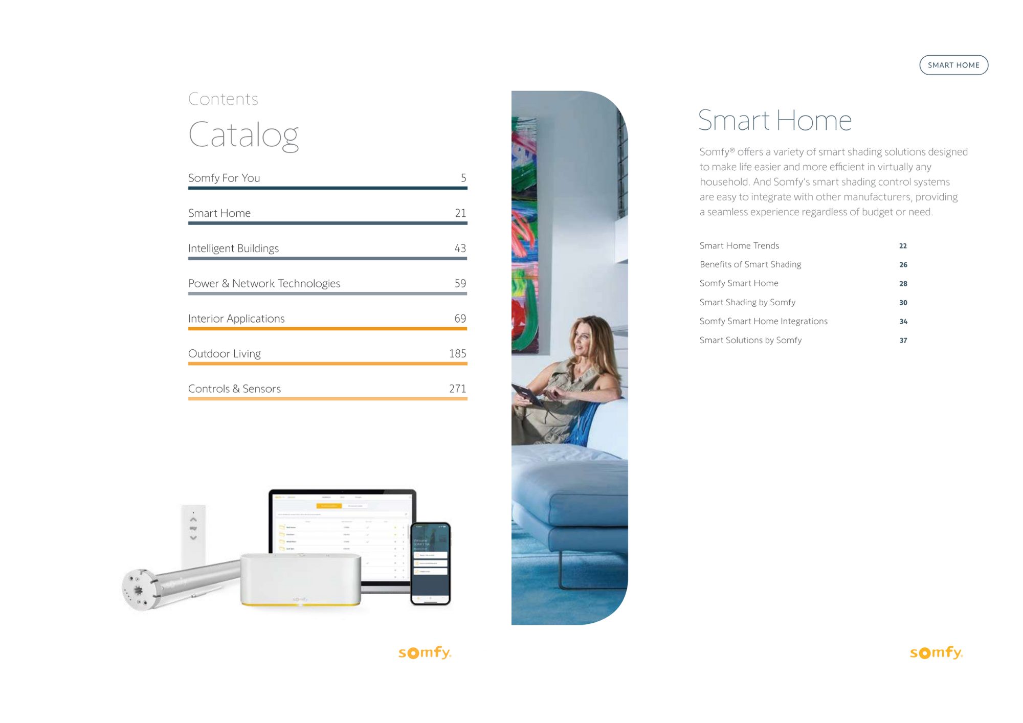 Somfy catalog pages displaying the table of contents with sections such as Smart Home, Intelligent Buildings, and Controls & Sensors, alongside a lifestyle image and product visuals, highlighting how automated publishing generates clear, structured indexes.