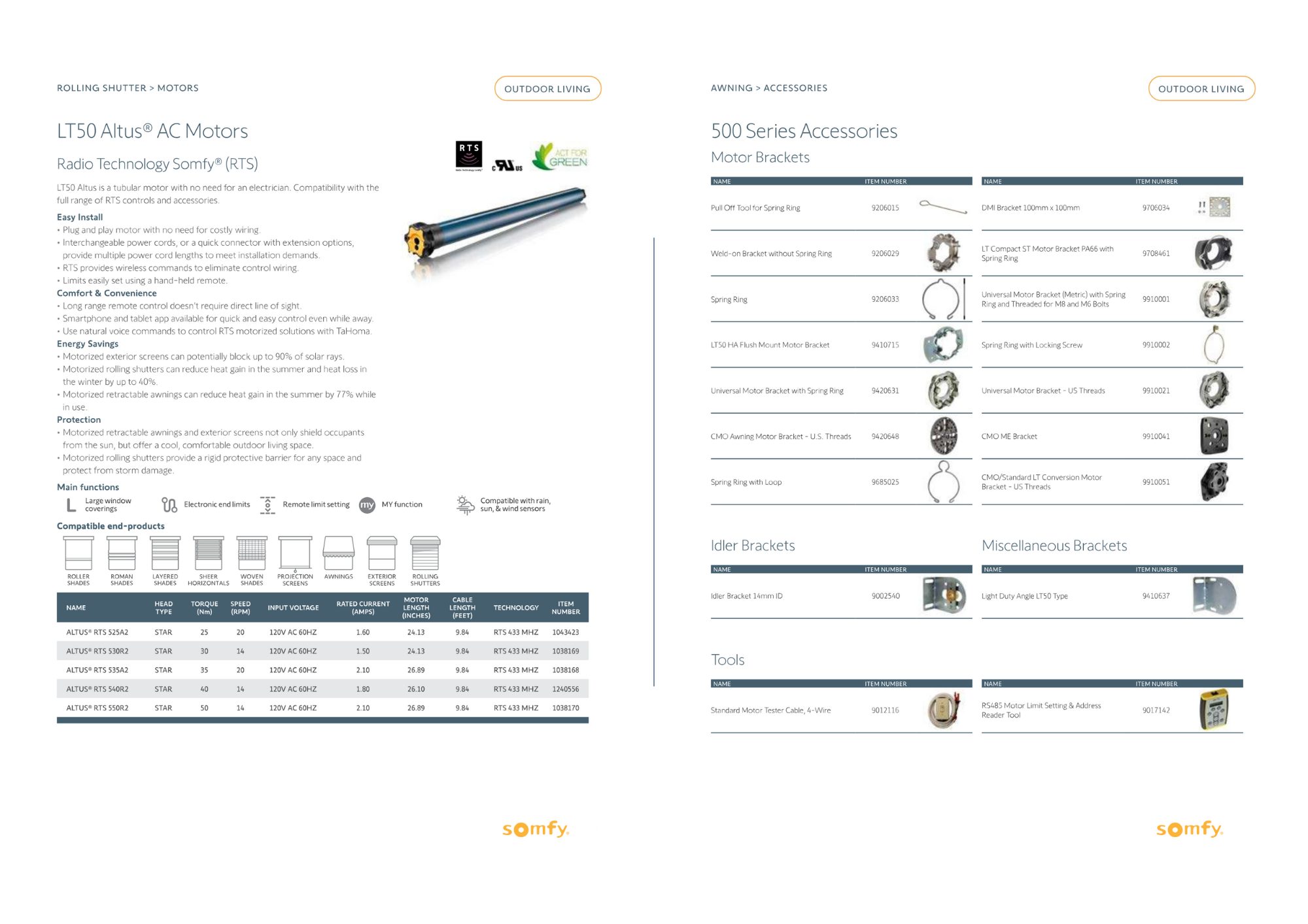 Somfy catalog pages showing LT50 Altus AC motors with detailed specs and accessories section with motor brackets, idler brackets, and tools, illustrating how automated publishing pairs main products with related accessories in a clear, consistent layout.