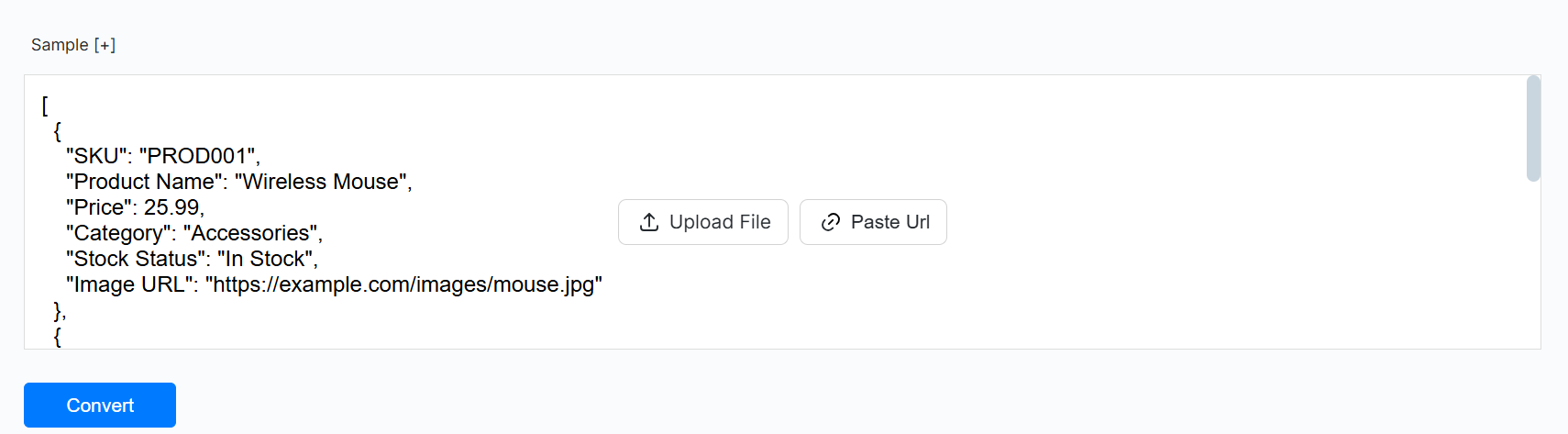 JSON input interface showing sample product data and options to upload a file, paste a URL, or convert.