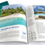 Open travel catalog template displaying resort destination details with pricing, amenities, and tropical imagery.