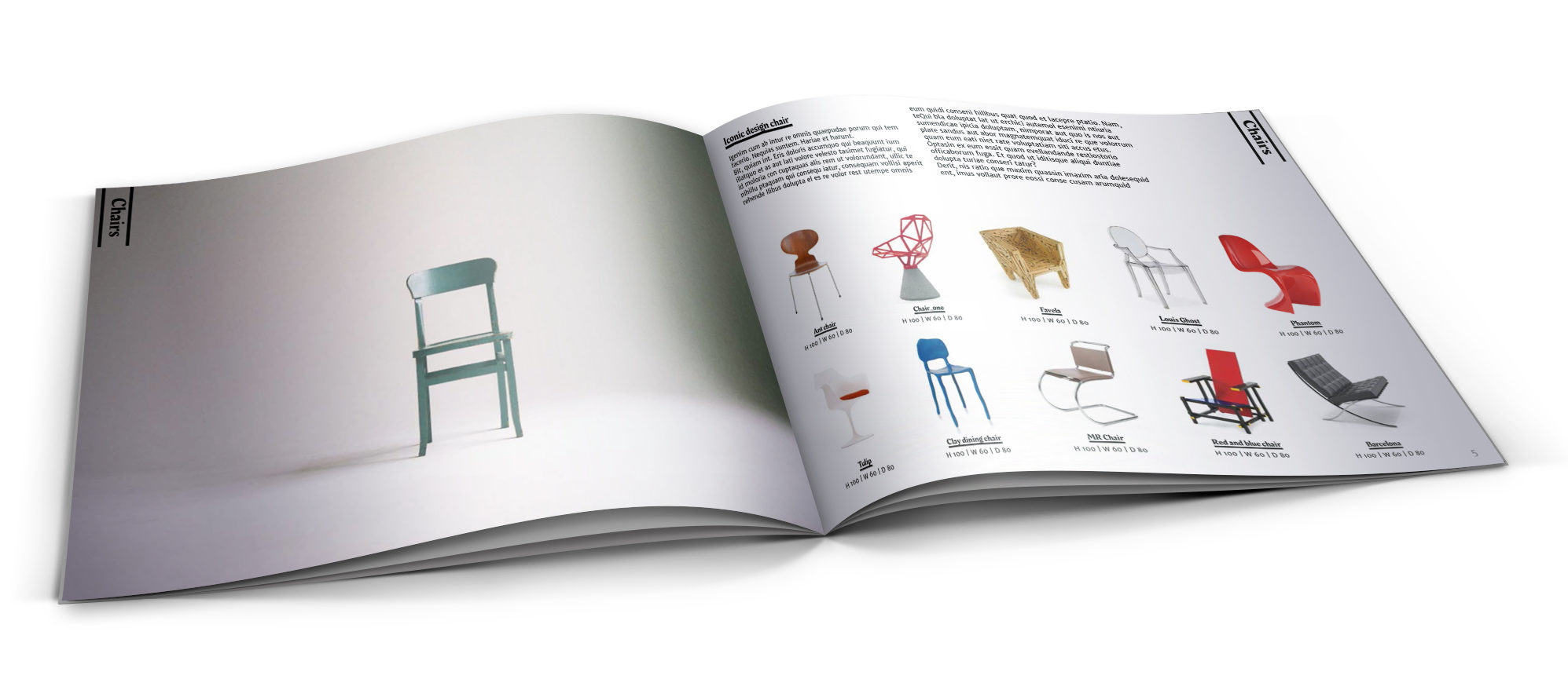 Minimalist furniture catalog mockup showcasing a product layout with design chairs and clean white background.
