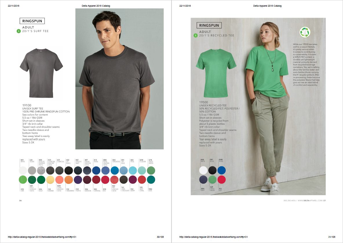 Men's and women's t-shirt catalog page with product descriptions, cotton material details, and full-color swatches.