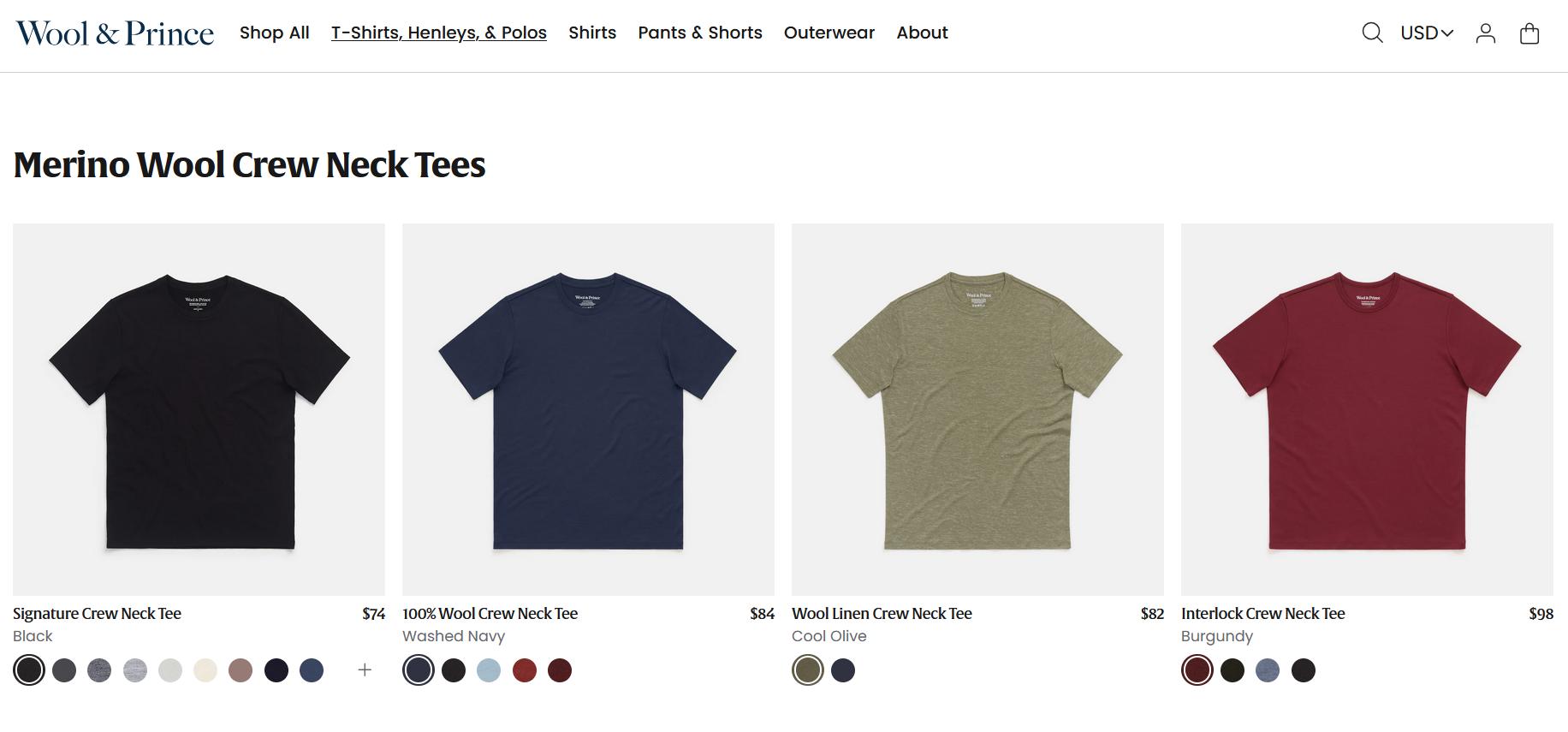 Merino wool crew neck t-shirts in different colors with product names, prices, and color swatch filters for each item.