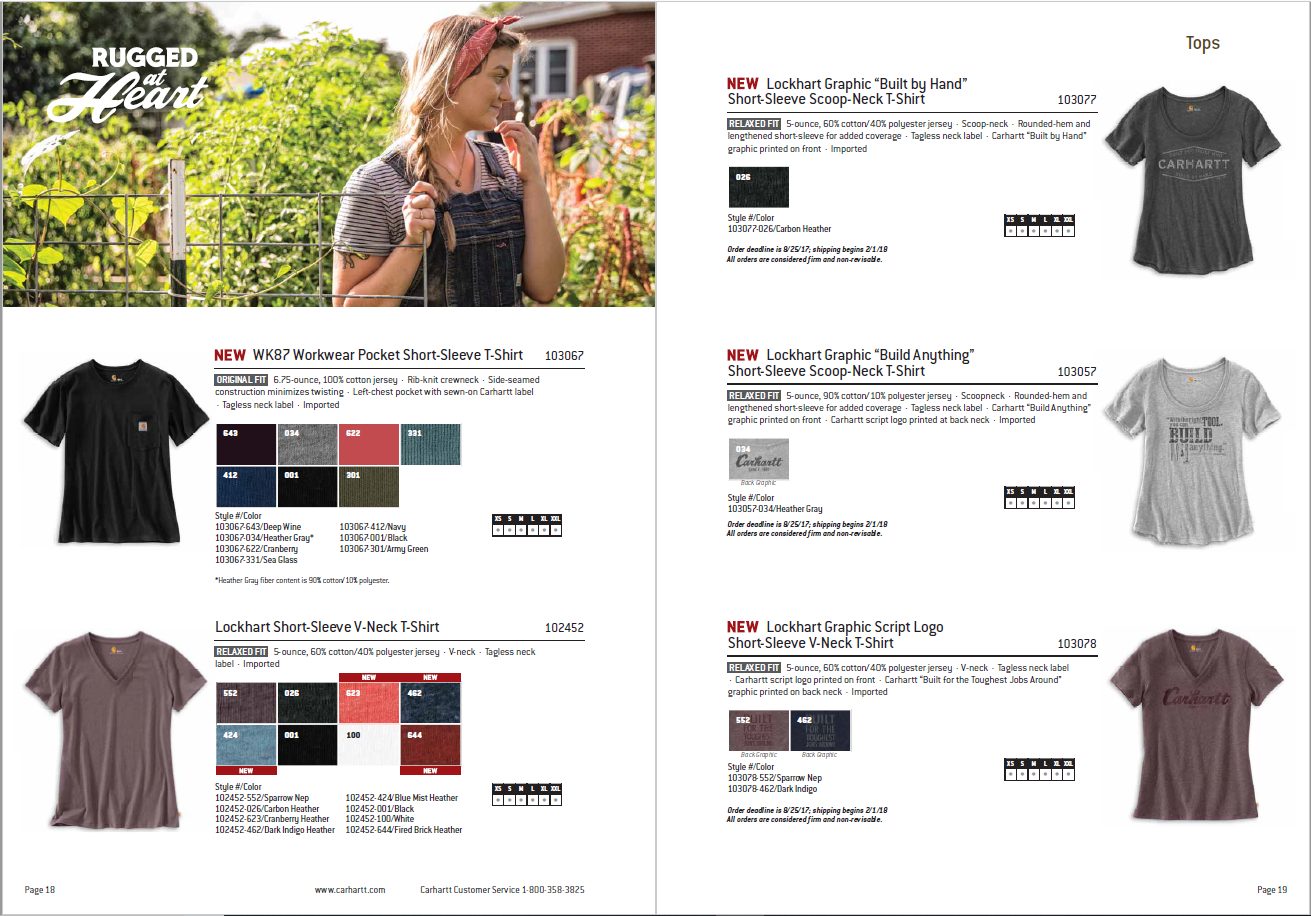 Carhartt women's t-shirt catalog featuring pocket tees, v-neck, and scoop-neck graphic styles with color and size details.