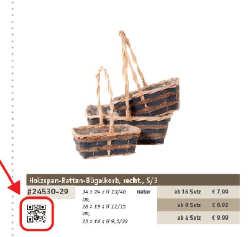 Rattan basket catalog with product dimensions, prices by quantity, and a QR code for direct mobile access.