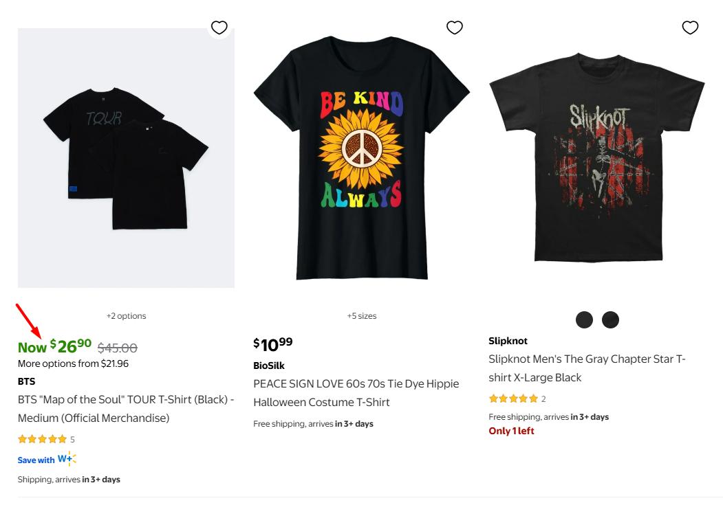 Online store display of graphic t-shirts including BTS, Slipknot, and peace-themed shirts with pricing and shipping details.