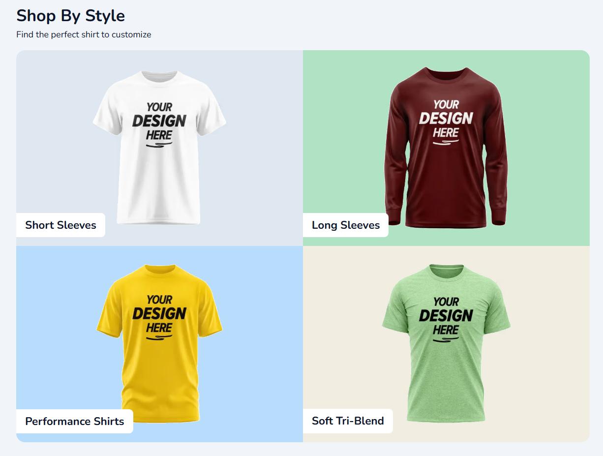 T-shirt customization interface showing four styles: short sleeves, long sleeves, performance, and soft tri-blend shirts.