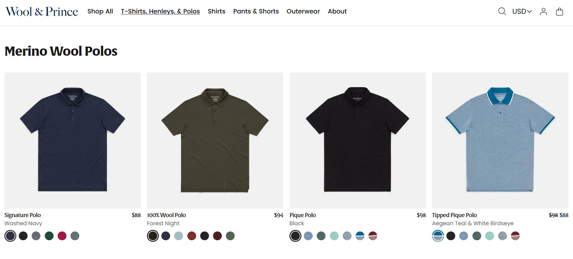 Merino wool polo shirt collection in multiple colors with product titles, prices, and color swatch selection options.