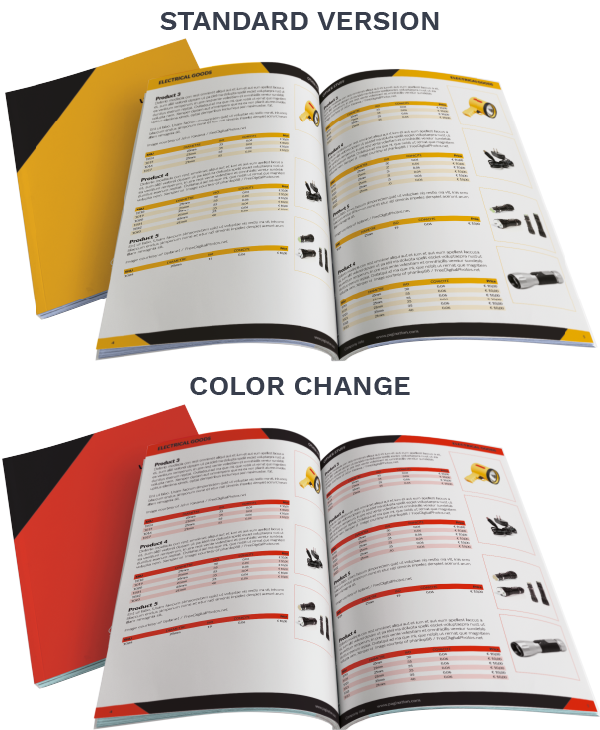 Comparison of standard and custom color versions of a printed product catalog showcasing layout and branding flexibility.