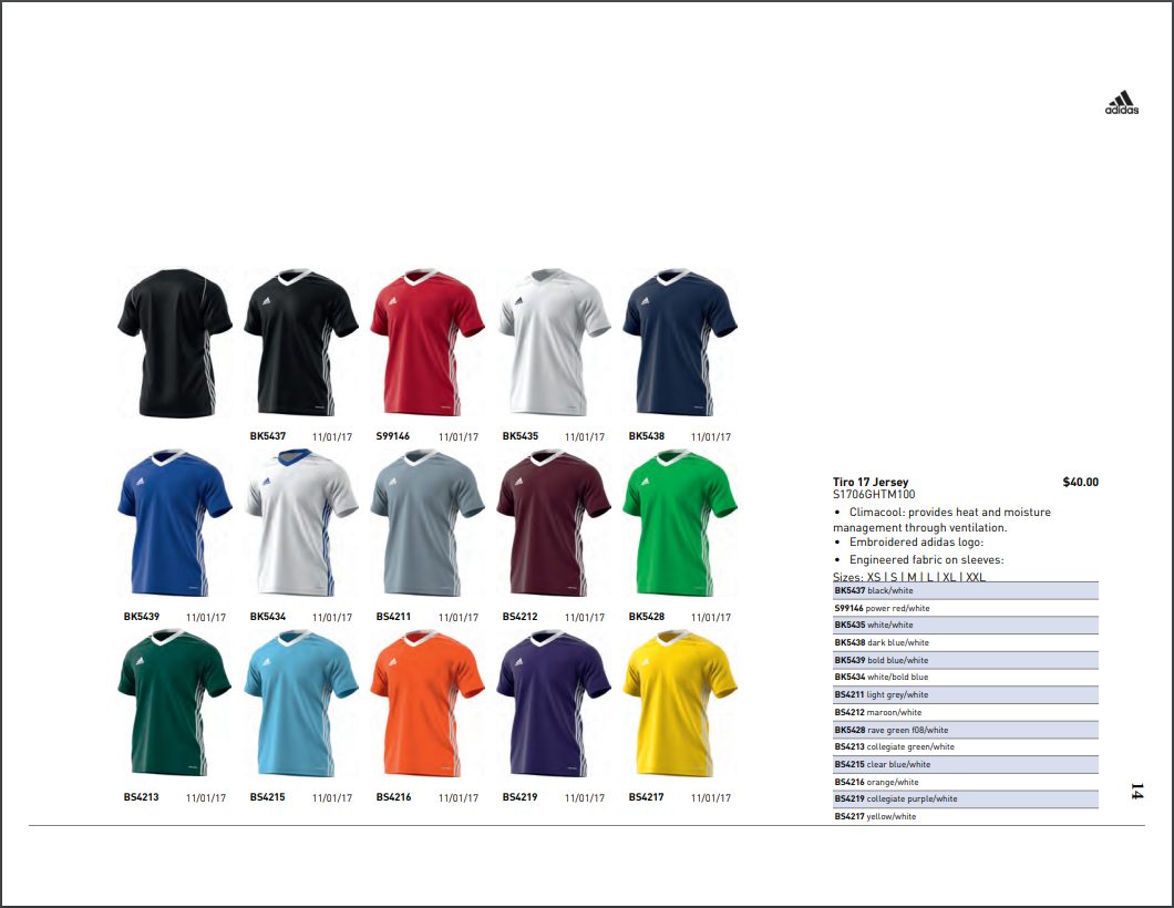 Adidas catalog page with Tiro 17 soccer jerseys in different colors, product codes, features, and size availability.