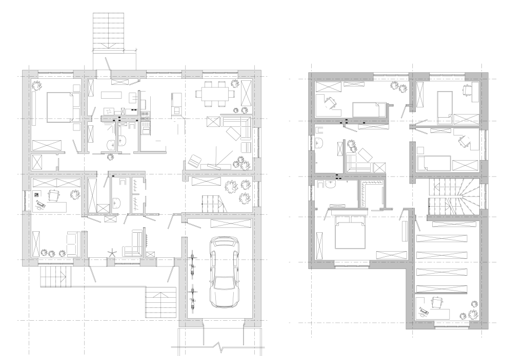 Detailed black and white architectural floor plan of a two-story residential house, showing room layouts, furniture placements, a garage with two bicycles and a car, and stairs connecting the floors.