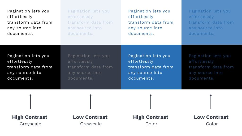 Examples of high and low contrast typography in greyscale and color for better readability in print design