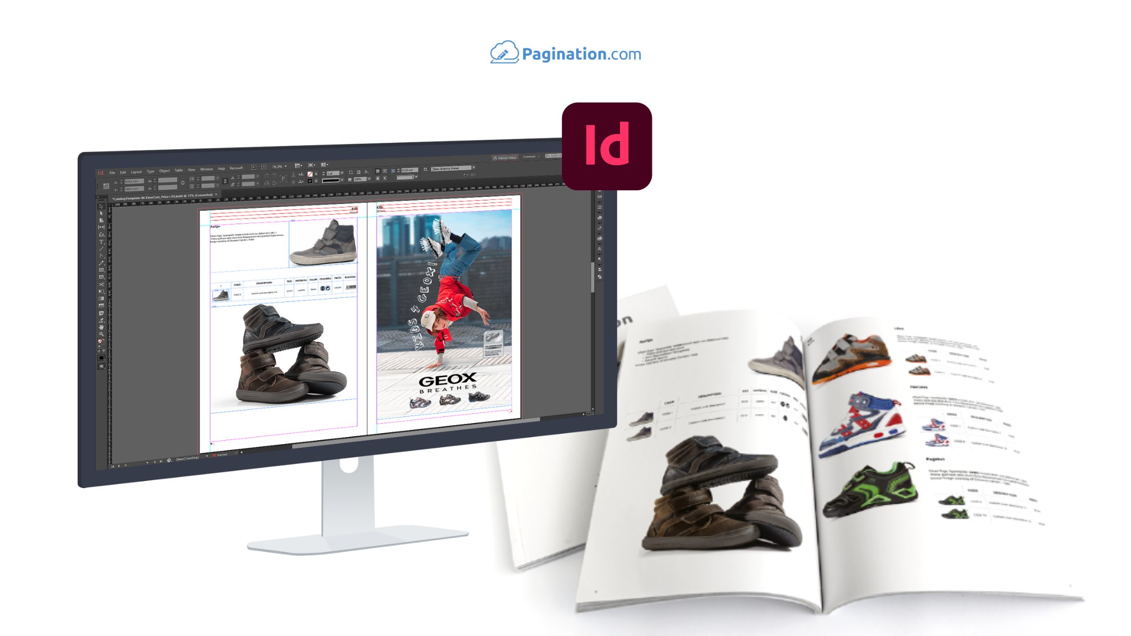 Product catalog on monitor using Adobe InDesign with printed shoe brochure